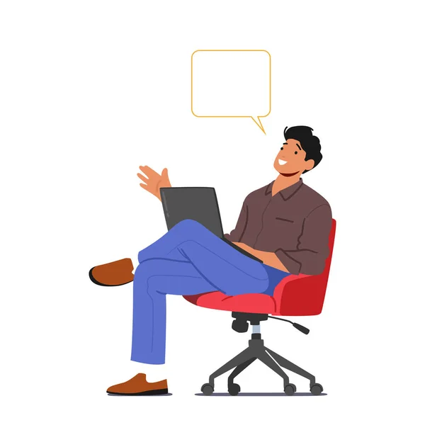 Muž Sedí Židli Notebookem Řečovou Bublinou Kanceláři Podnikatel Charakter Zaměstnanec — Stockový vektor