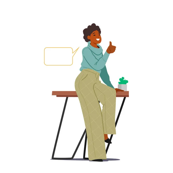 年轻的黑人女性 有说话的泡泡显示拇指向上在办公室 女性性格对创意商业理念 新项目 创新发展感到满意 卡通人物矢量图解 — 图库矢量图片