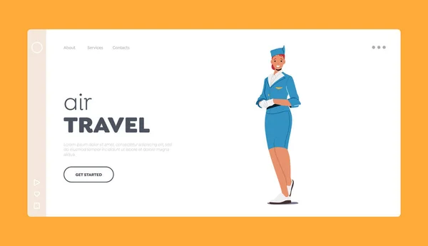 Vliegreizen Landing Page Template Stewardess Flight Attendant Air Hostess Girl — Stockvector