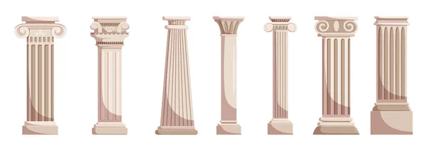 Antique Marble or Stone Pillars Isolated On White Background. Ancient Classic Columns Of Roman Or Greece Architecture With Groove Ornament, Temple Facade Design. Cartoon Vector Illustration