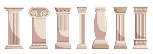 Antique Classic Stone Columns Isolated On White Background. Ancient Pillars Of Roman Or Greece Architecture Design Elements With Twisted And Groove Ornament. Cartoon Vector Illustration