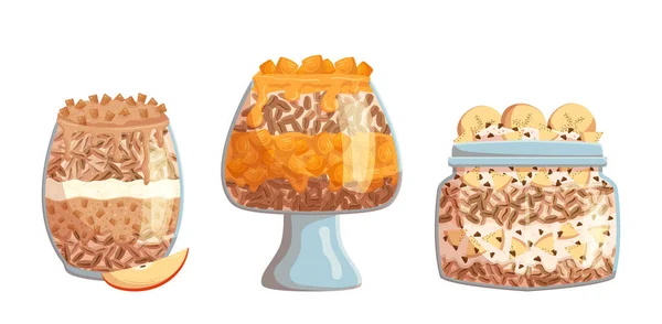 Отруйні Десерти Скляних Глеках Чашках Фруктами Здорова Органічна Їжа Вівсянка — стоковий вектор