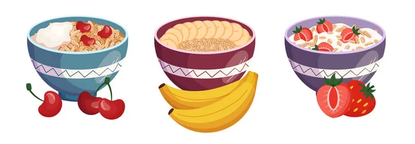 Set Haferflocken Gesundes Frühstück Schüssel Mit Haferbrei Obst Milch Joghurt — Stockvektor