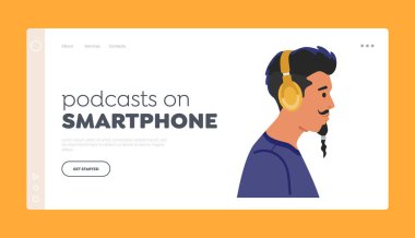 Smartphone İniş Sayfası Şablonu 'nda podcastlar. Havalı hippi adam kulaklık takar Profil Görünümü. Modern saç stiline sahip modaya uygun erkek karakter. Müzik dinle. Çizgi film İnsanları Vektör İllüstrasyonu