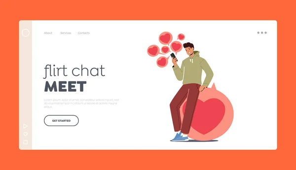 Online Dating Service Toepassing Landing Page Template Young Man Holding — Stockvector