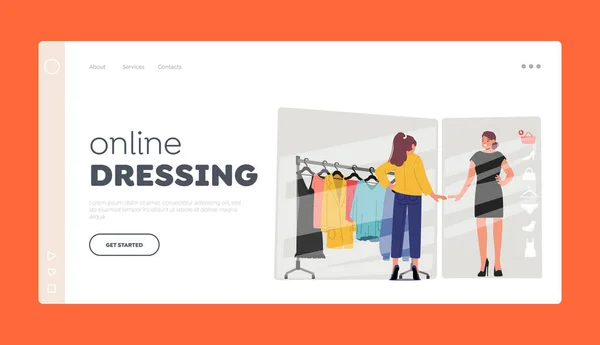 Online Dressing Landing Πρότυπο Σελίδας Shopper Δοκιμάζοντας Μέγεθος Και Στυλ — Διανυσματικό Αρχείο