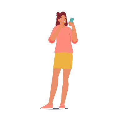 Genç Kadın Karakter Cep Telefonu Ellerinde Tutuyor. Kadın Denetim Dönemleri için Dijital Takvim, Adet Uygulaması ve Yumurtlama Denetimi Kullan. Çizgi film İnsanları Vektör İllüstrasyonu