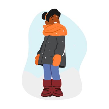 Kış yürüyüşü, tatil kavramı. Çocuk İlk Kar 'ın tadını çıkar. Kış Zamanı Düşen Kar Tanelerine Bakan Siyah Kız Karakteri, Çocukluk, Mutluluk, Keyif. Çizgi film İnsanları Vektör İllüstrasyonu