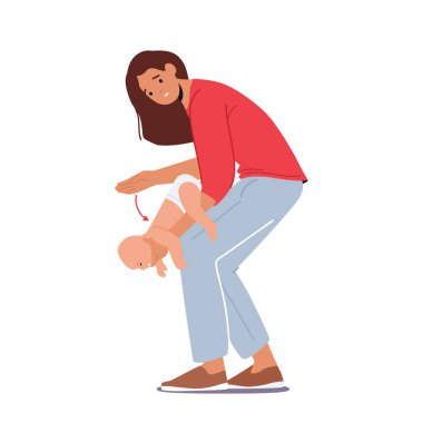 Doğru yol Heimlich Acil Manevrası, Yenidoğan Çocuk Yemekle Boğuluyor. Kadın karakter anne, boğucu, sıkıcı göğsünü dizlerinin arkasından itiyor. Çizgi film İnsanları Vektör İllüstrasyonu