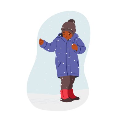 Kış 'ta sokakta oynayan küçük çocuk, İlk Kar' ın tadını çıkarıyor. Küçük Siyah Çocuk Kış Tatilinde Kalın Giysiler Giyer Düşen Kar Tanelerine Bakar. Çizgi film İnsanları Vektör İllüstrasyonu