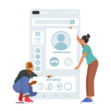 Ux Ui Tasarımcı Karakterleri Mobil Uygulama Bilgileri Blokları Yapısı Oluştur. İş yerindeki programcı. Kodlama Arayüzü ve Yazılım, Uygulama Tasarım Geliştirme. Çizgi film İnsanları Vektör İllüstrasyonu