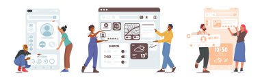 Ui Ux Tasarımcıları Karakter Geliştirme Web Sitesi Arayüzü Görsel elementlerle İçerik Düzeni oluşturuluyor. Beyaz arka planda izole edilmiş uygulama için İniş Sayfası Yapan Küçük İnsanlar. Çizgi film Vektör İllüstrasyonu