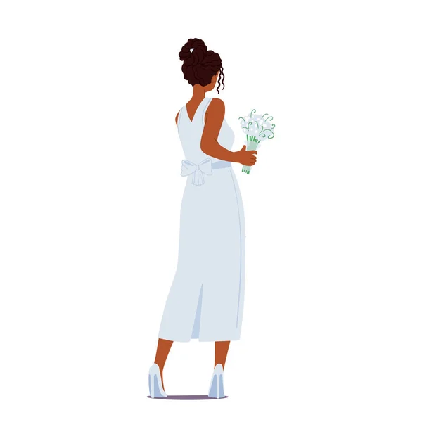 Beautiful Stylish Bride Elegant Dress Hairstyle Holding Bouquet Rear View — Stock Vector