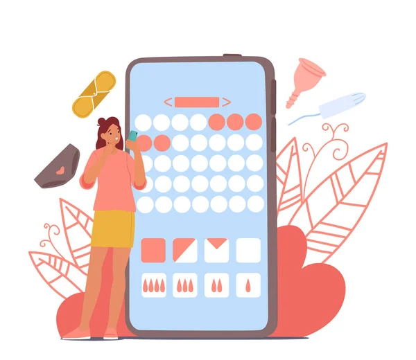 Kvinnors Hälsa Menstruationscykelbegreppet Unga Kvinnliga Tecken Använda Digital Kalender För — Stock vektor