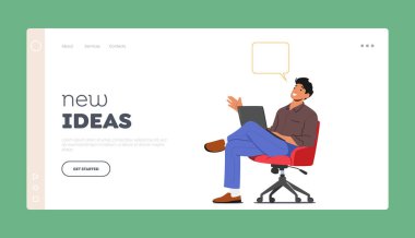 Yeni Fikirler İniş Sayfa Şablonu. Dizüstü bilgisayarı olan ve ofiste konuşma köpüğü olan bir adam. İş adamı Karakteri, Yönetici veya Öğrenci Tartışması, İletişim. Çizgi film İnsanları Vektör İllüstrasyonu