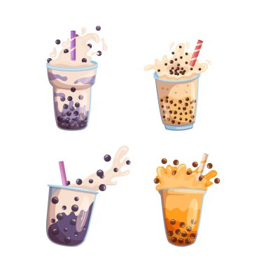Beyaz arka planda yeşil köpüklü çay ya da kahve patlaması. Pearl Milk Tea Splashes, Boba Yummy Beverage Cup, Grafik Tasarım Elemanı, Simge. Çizgi film Vektör İllüstrasyonu