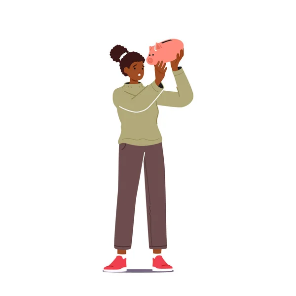 貧しい黒人女性は手に空の貯金箱を振るお金を検索します アフリカ系アメリカ人女性キャラクター財務問題 債務漫画の人々ベクトルイラスト — ストックベクタ