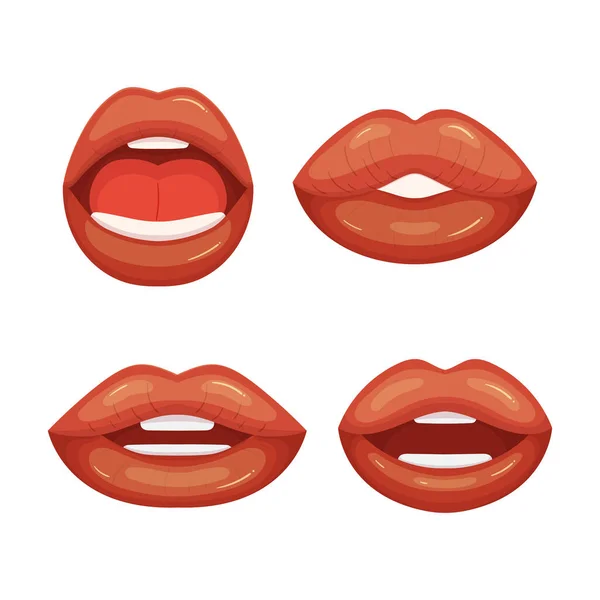 Zestaw Czerwonych Żeńskich Ust Seksowna Kobieta Zębami Językiem Zamknięte Otwarte — Wektor stockowy