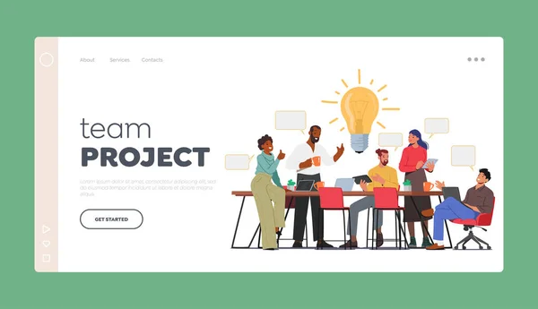 Brainstorm Team Project Landing Page Sablon Üzletemberek Tanácskoznak Elnökségi Ülésről — Stock Vector