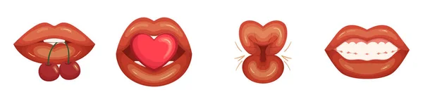 赤い女性の唇のセット セクシーな閉じたオープン女の唇異なる感情 心と桜 歯を見る トレンディーなポップアートの概念的なコレクション 漫画ベクターイラスト — ストックベクタ