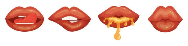 Conjunto Lábios Femininos Vermelhos Mulher Sexy Lip Bite Lick Beijo — Vetor de Stock