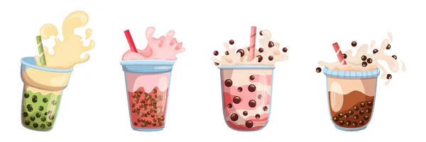 Σετ Pearl Milk Tea Burst Boba Yummy Ποτά Γυαλί Πλαστικά — Διανυσματικό Αρχείο