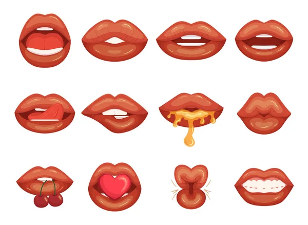 Conjunto Labios Femeninos Rojos Sexy Woman Lip Expresar Diferentes Emociones — Archivo Imágenes Vectoriales