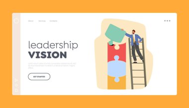 Liderlik Vizyon İniş Sayfa Şablonu. İş adamı Karakteri Merdiven Bağlantısı Büyük Bulmaca Parçaları 'nda duruyor. Adam Karmaşık Görevi Çözer, Hedefe Ulaşır, Fikir Üzerinde Çalışır. Çizgi film İnsanları Vektör İllüstrasyonu