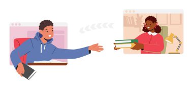 E-öğrenme, Online Eğitim Konsepti. Sınıf arkadaşlarıyla birlikte bilgisayar monitörleri Çocuklar ve İnternet aracılığıyla ders kitaplarını paylaşıyor. Evde Uzaktan Çalışan Çocuk Karakterler. Çizgi film İnsanları Vektör İllüstrasyonu