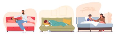 Hasta çocukları yataklarında yattıkları odaya yerleştir. Baba karakteri, soğuk algınlığı, annesi ve hasta oğlu olan kızının yanında oturuyor. Çocukluk Hastalığı, Hastalık Konsepti. Çizgi film İnsanları Vektör İllüstrasyonu