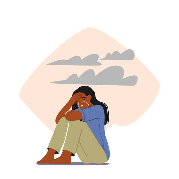 うつ病 虐待や家庭内暴力 欲求不満の概念 若い落ち込んでいる女性のキャラクター 絶望的な女性が床に座り 頭の上に黒い雲で泣いています 漫画ベクターイラスト — ストックベクタ