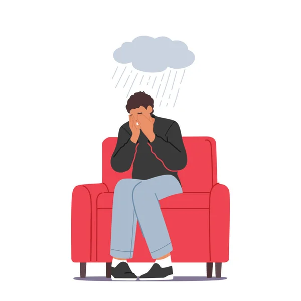 悲伤和绝望的男性角色感到沮丧 忧心忡忡的抑郁和焦虑的年轻人坐在头上 头顶有雨的云彩 卡通矢量图解 — 图库矢量图片