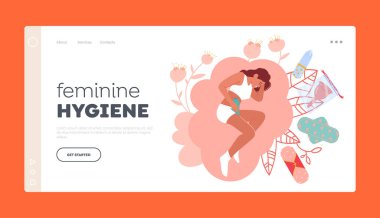 Kadın Hijyen İniş Şablonu. Adet döneminde iç çamaşırlı, daha sıcak bir şekilde acı çeken bir kız. Kadın Karakteri Adet Dönemi Sendromu. Çizgi film İnsanları Vektör İllüstrasyonu