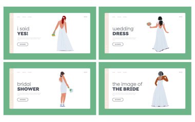 Düğün Günü İniş Şablonu 'ndaki Kadınlar. Şık Elbiseli Güzel Şık Gelinler Arka Manzarası. Genç Kadın Karakterler Düğün Töreni için Moda Giyimi. Çizgi film Vektör İllüstrasyonu