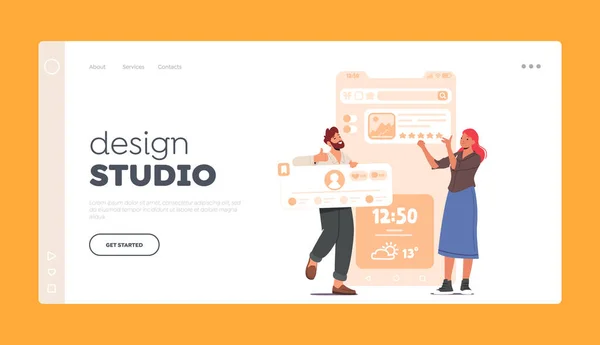 Design Studio Landing Page Template Designer Characters Working Website Application — Stock Vector