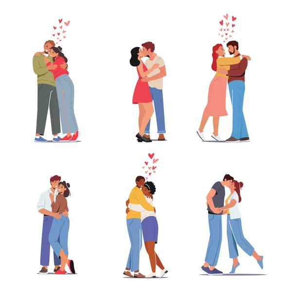 Set Hombres Mujeres Felices Besándose Abrazándose Concepto Relaciones Románticas Parejas — Archivo Imágenes Vectoriales