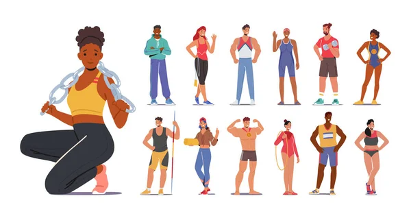 Ensemble Sportifs Sportives Les Personnages Masculins Féminins Portent Pose Uniforme — Image vectorielle