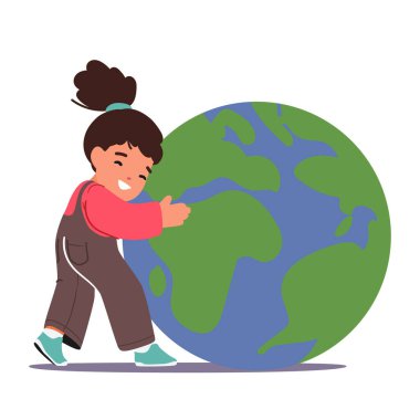 Küçük Bebek Dünya Gezegeni 'ni kucaklıyor. Çocuk Karakteri, Kıtalarla ve Okyanuslarla Aşk Küresi 'ni kucaklıyor. Doğayı, Ekolojiyi, Dünya 'yı Koruma Konsepti' ni Koru. Çizgi film İnsanları Vektör İllüstrasyonu