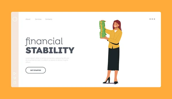 Szablon Strony Wyładunku Stabilności Finansowej Happy Rich Business Woman Character — Wektor stockowy