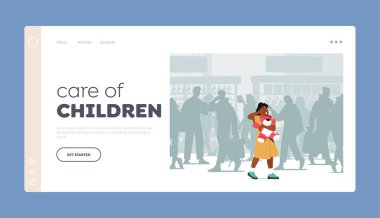 Çocukların Bakımı Sayfa Şablonu. Çocuk Halka Açık Bir Yerde Kaybolsun, Korkmuş Bebek Ağlıyor ve Anne Arıyor Büyük Şehir 'de Kalabalık Arıyor. Kayıp çocuk. Çizgi film İnsanları Vektör İllüstrasyonu