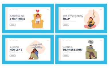 Depresyon İniş Sayfa Şablonu Ayarlandı. Zihni Şaşkın Düşüncelere sahip Bunalımlı İnsanlar Mutsuz Duygular Hissediyor, İntiharı Düşün. Karakterler Zihinsel Hastalıklar, Yaşam Sorunları. Çizgi film Vektör İllüstrasyonu