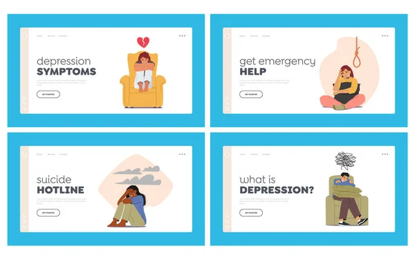 Depressão Landing Page Template Set Pessoas Deprimidas Com Pensamentos Desorientados —  Vetores de Stock