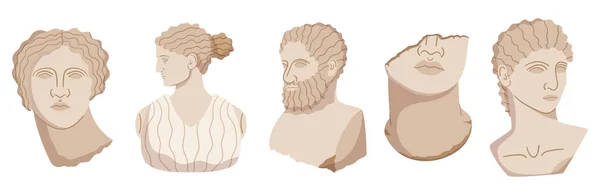 一套古希腊雕塑 古代神话神与女神 男性女性大理石浮雕和头像 破碎的石像和整体石像 背景为白色 卡通矢量图解 — 图库矢量图片