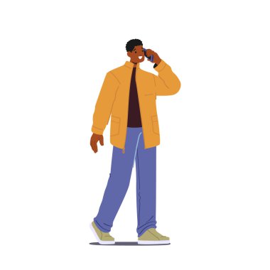 Neşeli Siyah Genç Ceket Giyiyor ve Beyaz Arkaplan 'da izole edilmiş Smartphone aracılığıyla Arkadaşla Konuşan Kot Giyiyor. Mobil Bağlantı ve İletişim Konsepti. Çizgi film İnsanları Vektör İllüstrasyonu