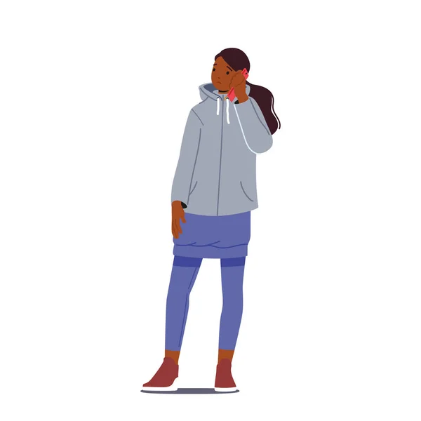 若い不幸な女の子スマートフォンで話す ガジェットとティーン 携帯電話通信の概念 白を背景にしたモバイルで10代の女性キャラクター 漫画ベクターイラスト — ストックベクタ
