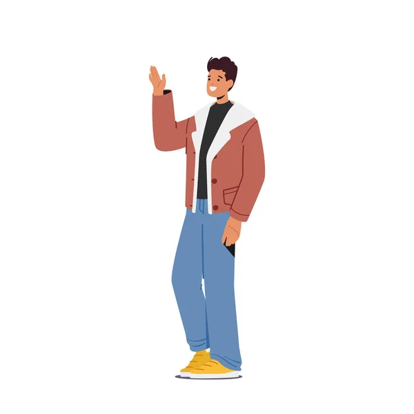 Happy Male Character Waving Hand Young Man Casual Clothes Show — Image vectorielle