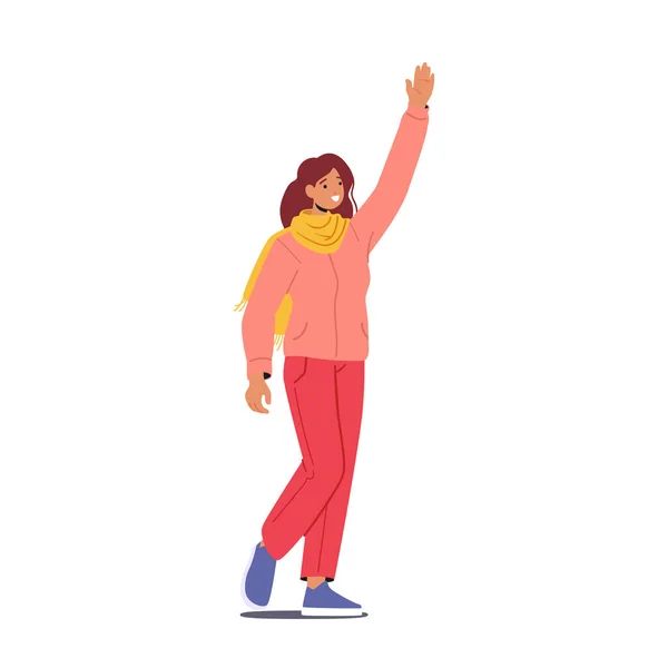 Happy Caucasian Female Character Waving Hand Young Positive Woman Greeting — Διανυσματικό Αρχείο