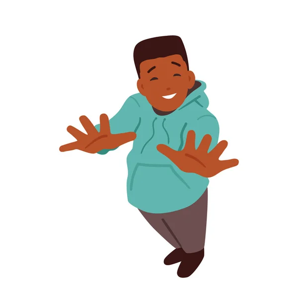 Χαρούμενο Μαύρο Αγόρι Κοιτάζει Ψηλά Και Κουνάει Χέρια Του Απομονωμένα — Διανυσματικό Αρχείο