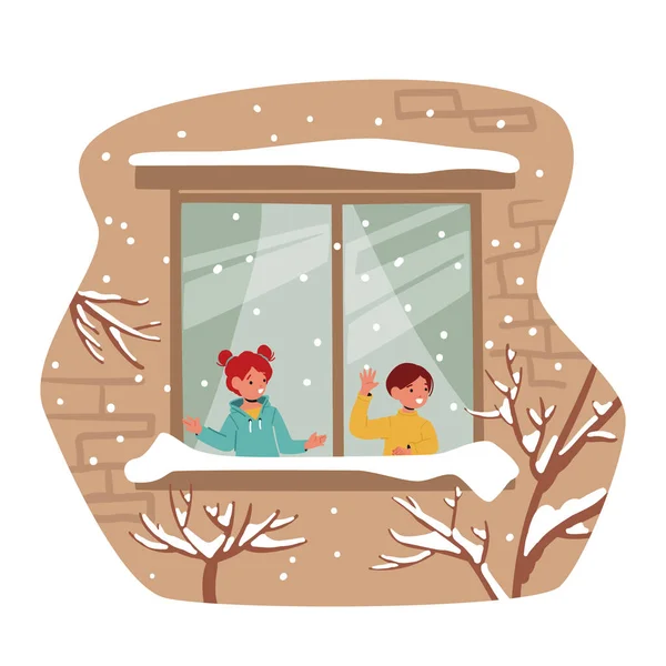 Kleine Kinder Blicken Durch Das Fenster Auf Den Ersten Schnee — Stockvektor