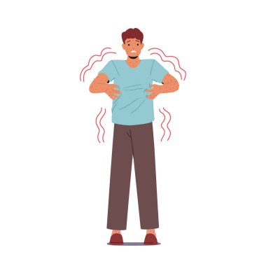 Maymun Çiçeği Virüsü Hastalığı Semptomları Beyaz Arkaplanda İzole Edilmiş Erkek Karakteri. Maymun Çiçeği Hastalığından Kanayan Kabarcıklı Mutsuz Adam Tırmıklanıyor. Çizgi film İnsanları Vektör İllüstrasyonu